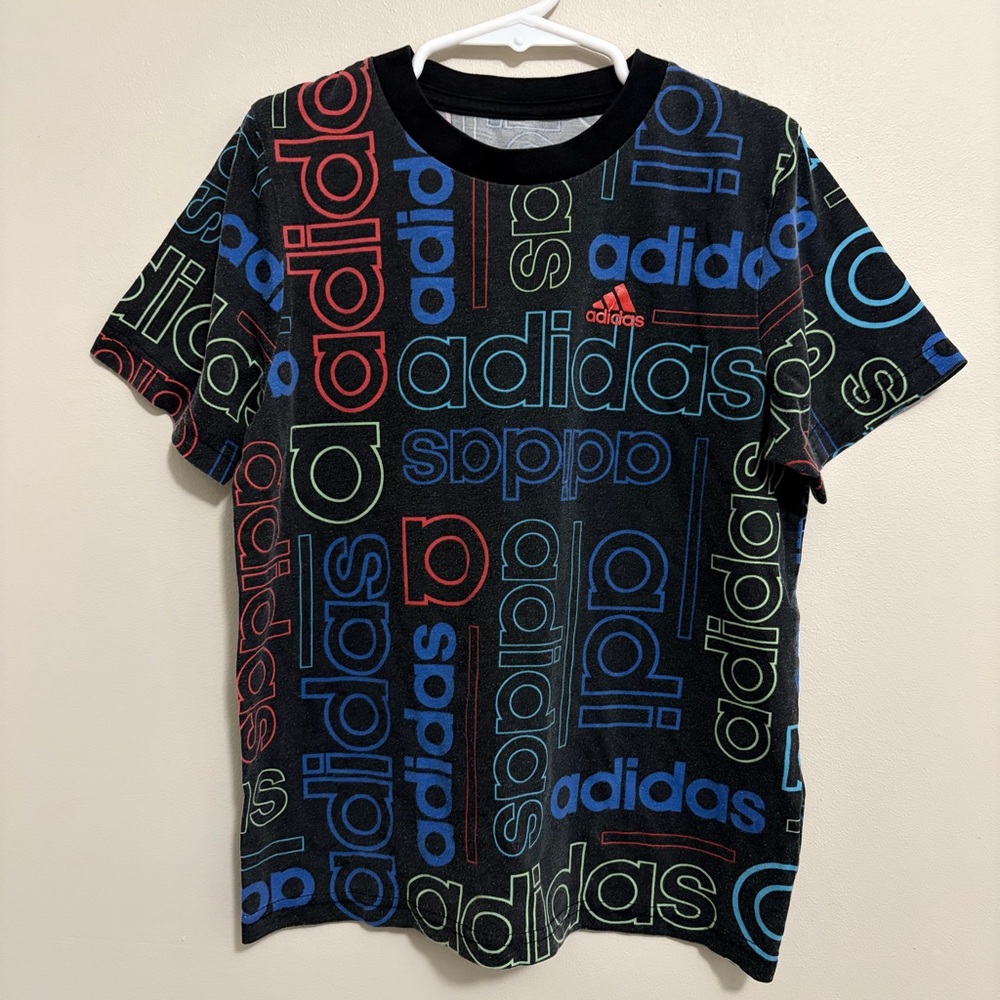Adidas Kids Black Tee with Colorful Logo Pattern Kids Boys Size 6